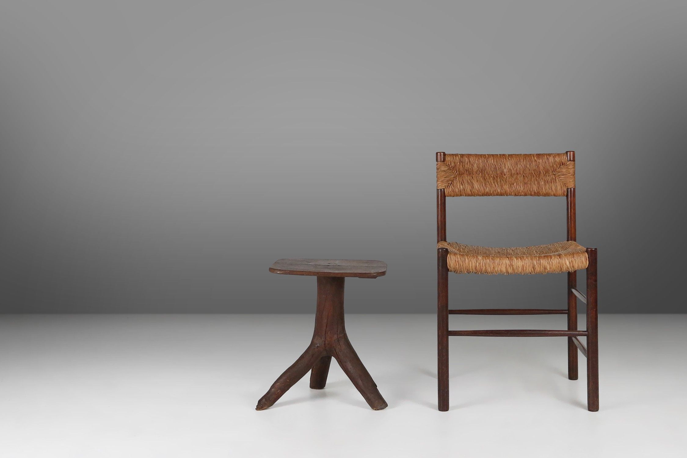 Rustic wooden stool with legs made of a tree branch, France, 1850thumbnail